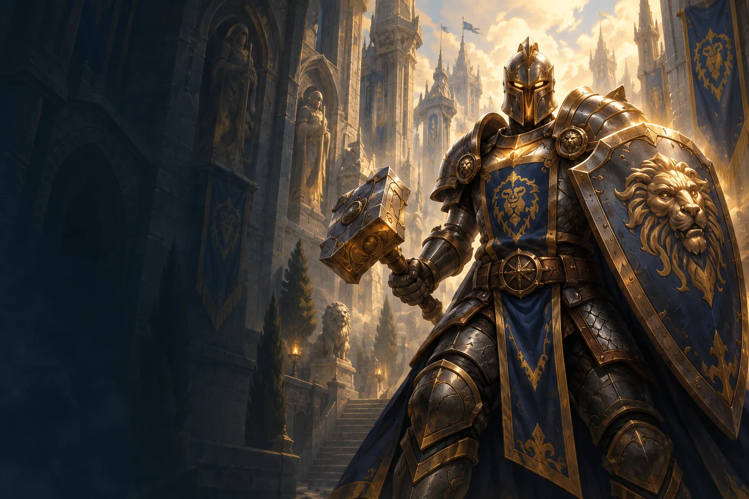 Paladin concept illustration: an armoured knight with a hammer and lion shield in a sunlit cathedral courtyard
