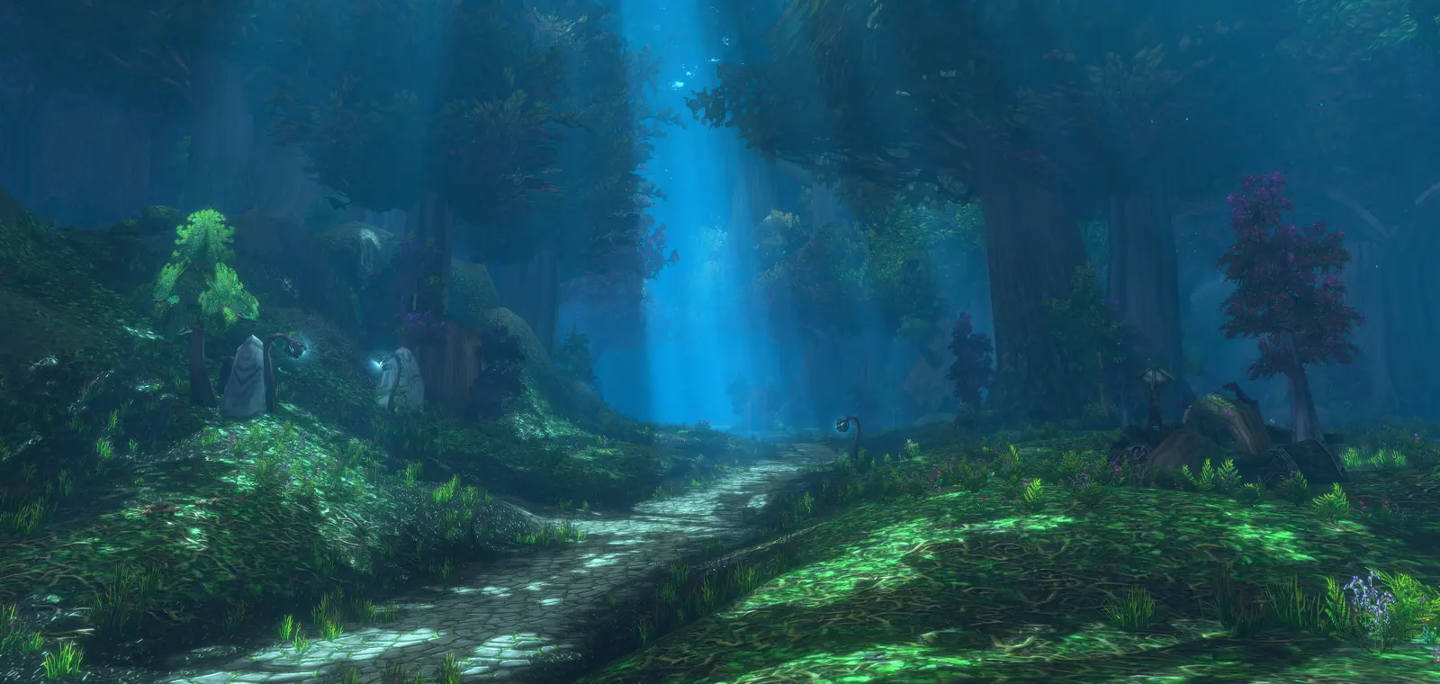 Ashenvale under Forever's new lighting, with shafts of light falling through the trees