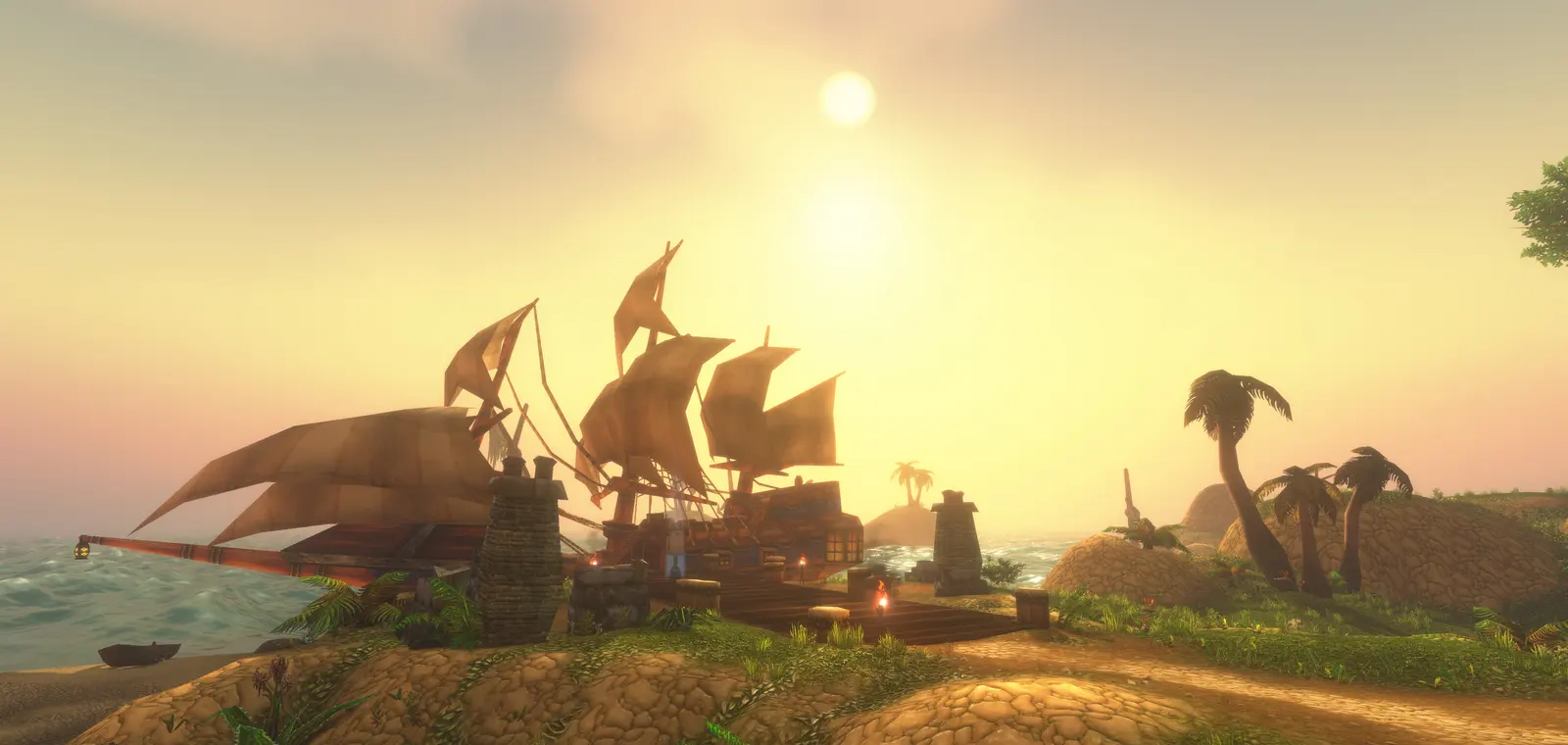 Ships at anchor off the Darkspear Islands battleground at sunset