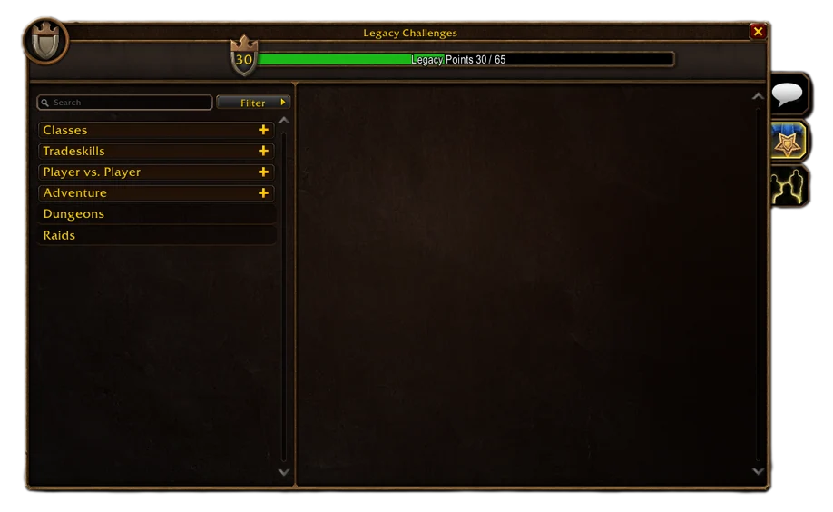 Blizzard's Legacy Challenges screen with categories including classes, tradeskills, adventure, dungeons and raids