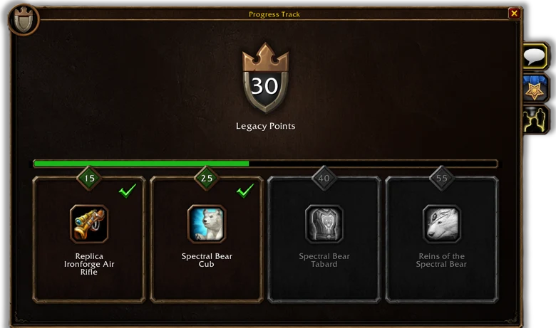 Legacy reward track showing cosmetic rewards including the Spectral Bear Cub