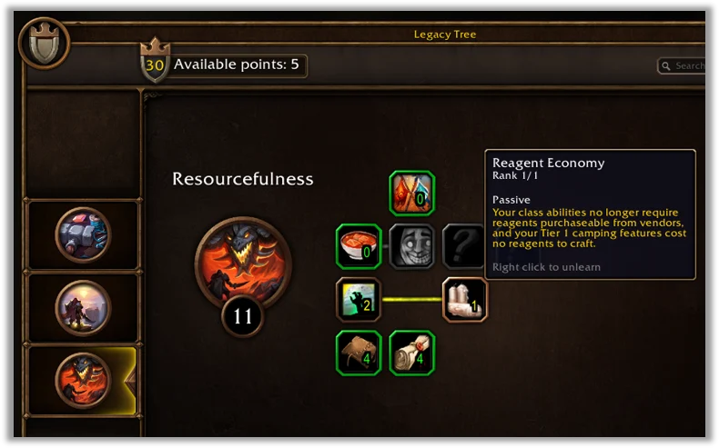 Announced Resourcefulness Legacy tree showing the Reagent Economy perk