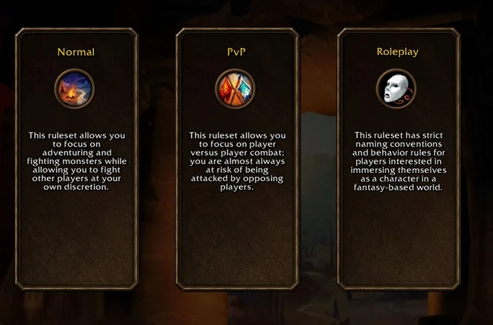 Blizzard's selection screen for Normal, PvP and Roleplay rulesets