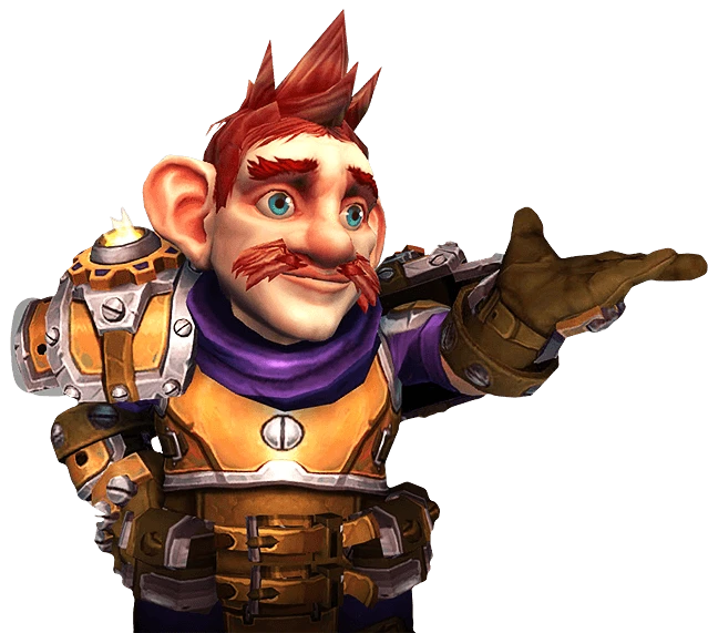A gnome with pink hair, goggles and mechanical tools