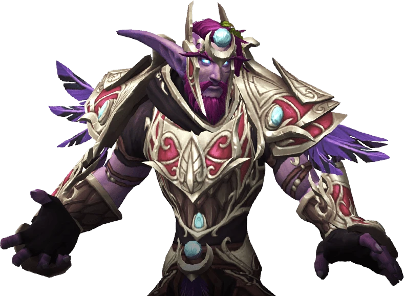A night elf with violet skin and long green hair