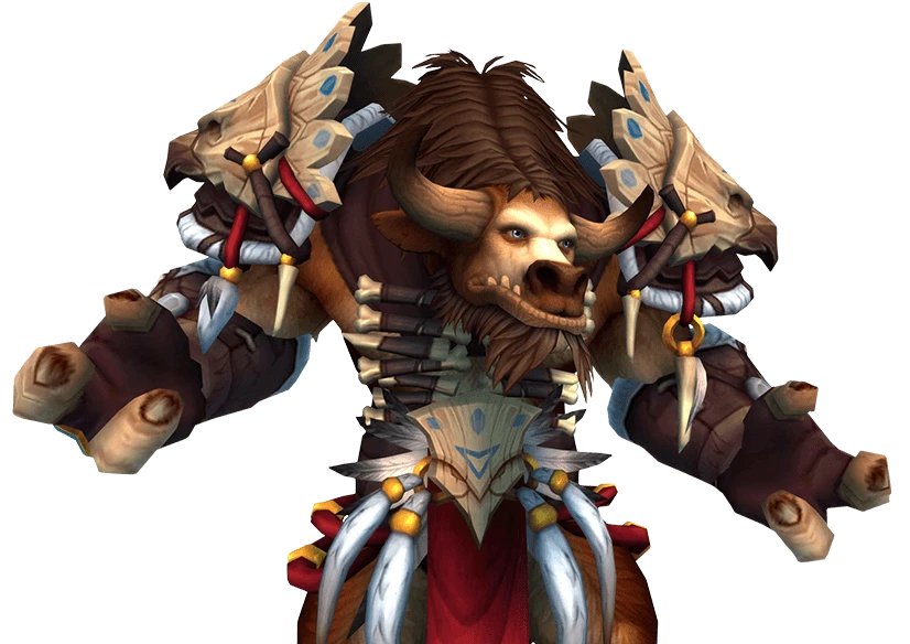 A tauren in tribal armour carrying a large totem