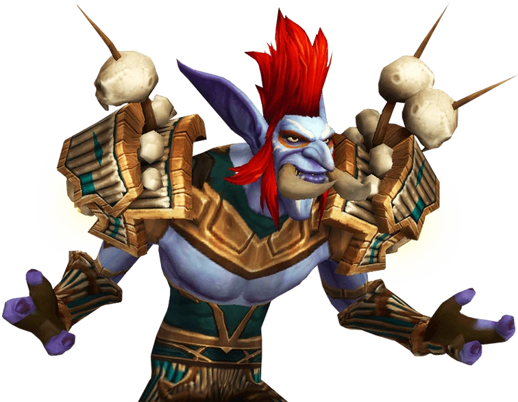 A blue-skinned troll with long tusks and a spear