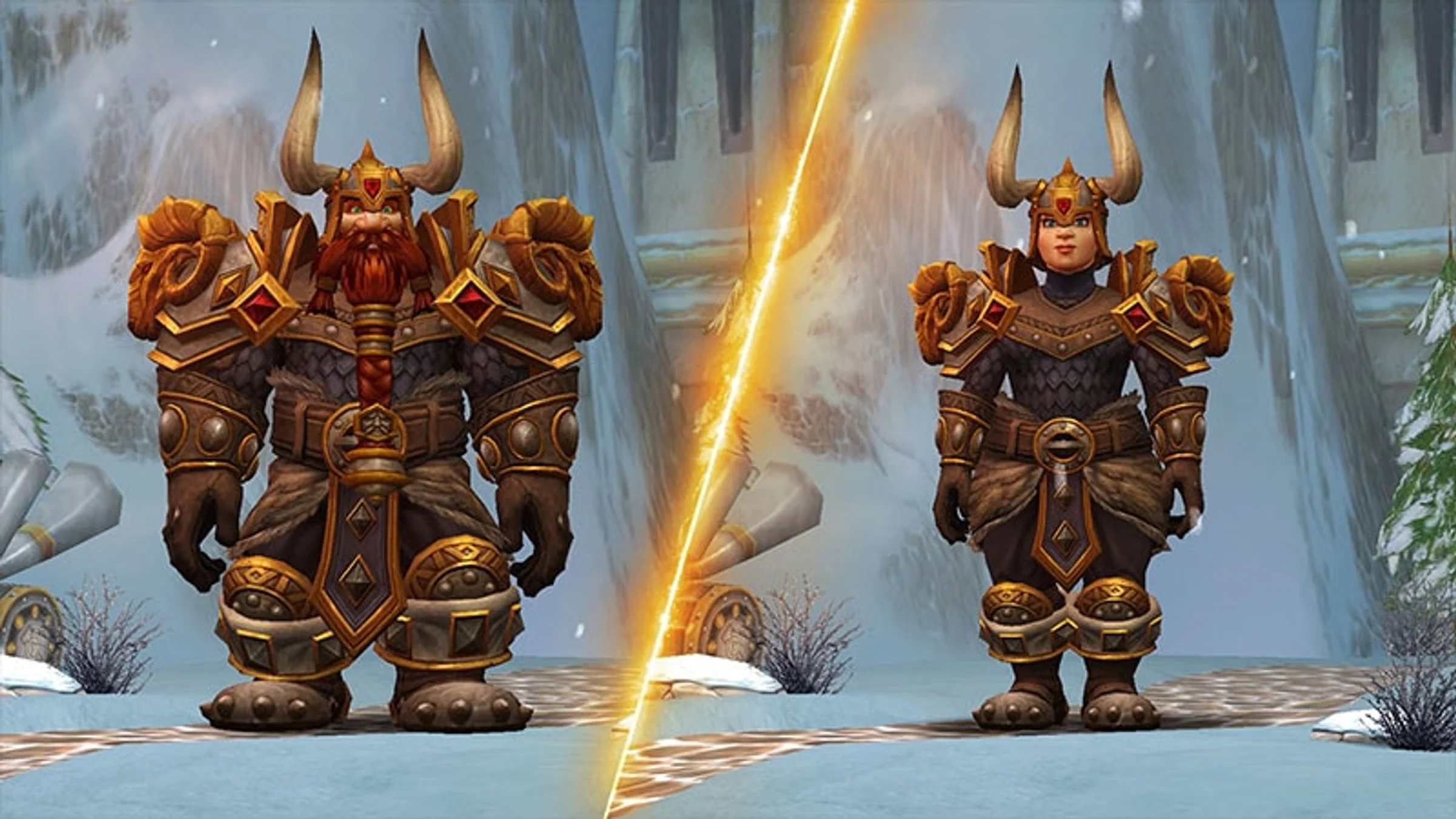 A dwarf man and woman in horned armour stand together in snowy Dun Morogh