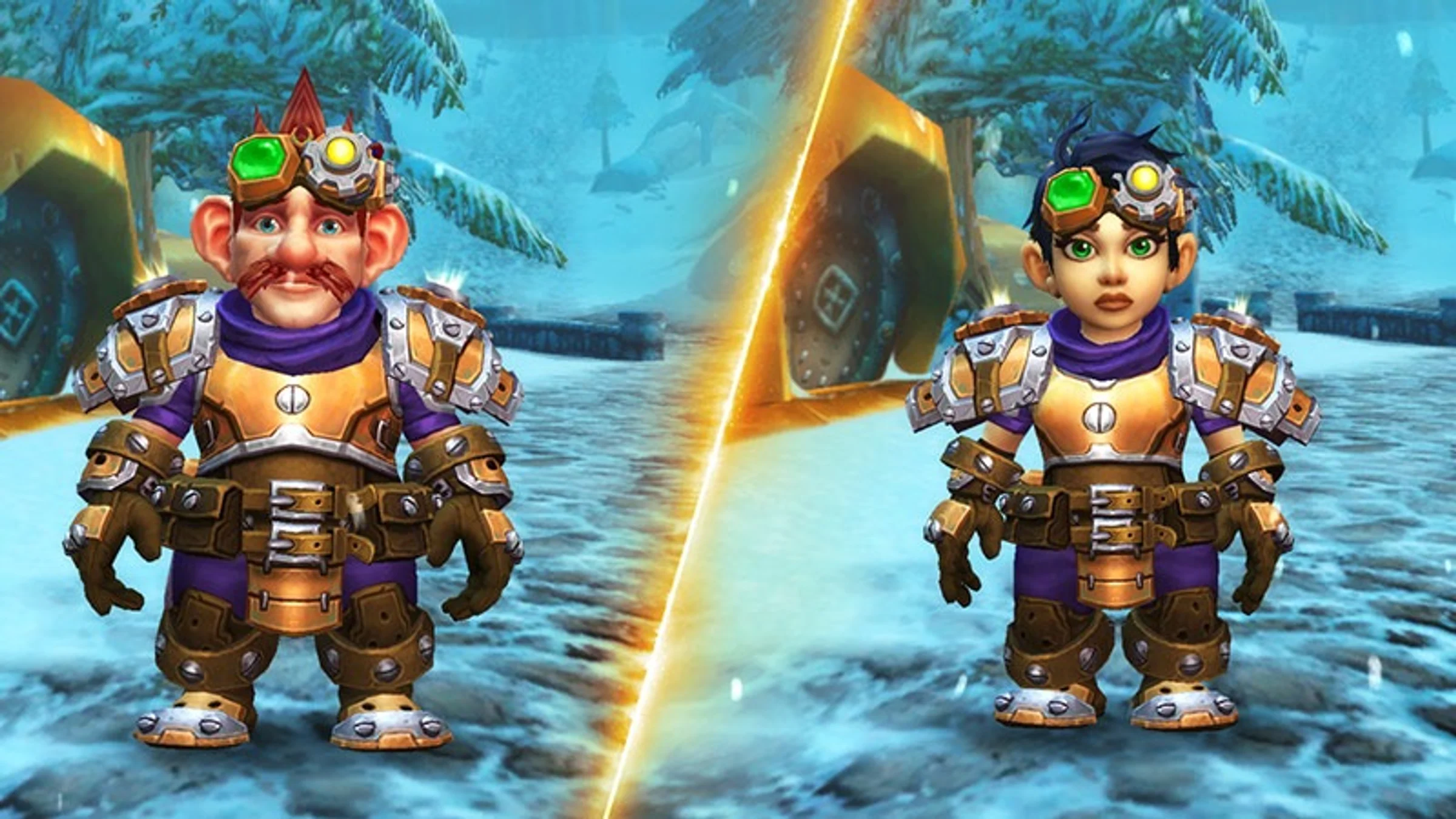 Two gnomes wearing goggles stand together in snowy Dun Morogh