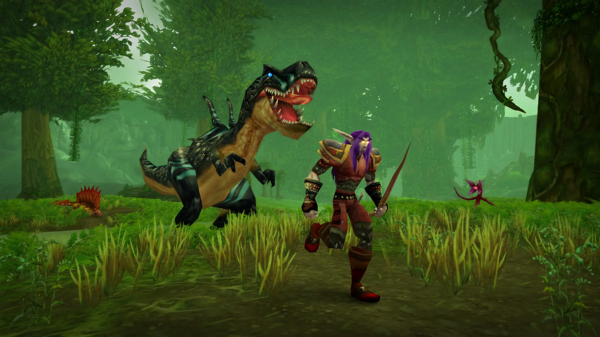 A night elf runs through the jungle of Un'Goro Crater with a raptor close behind