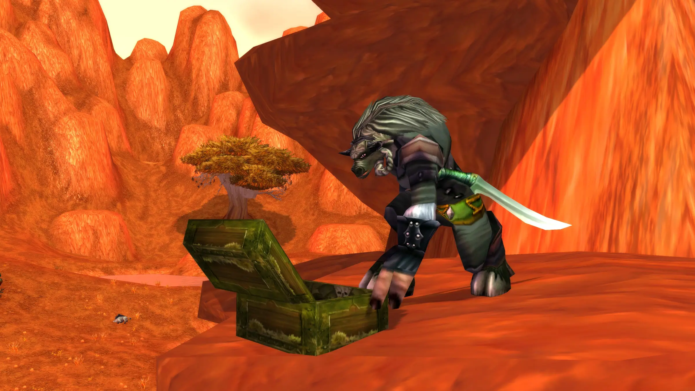 A tauren with a curved blade opens a treasure chest in a red rock canyon