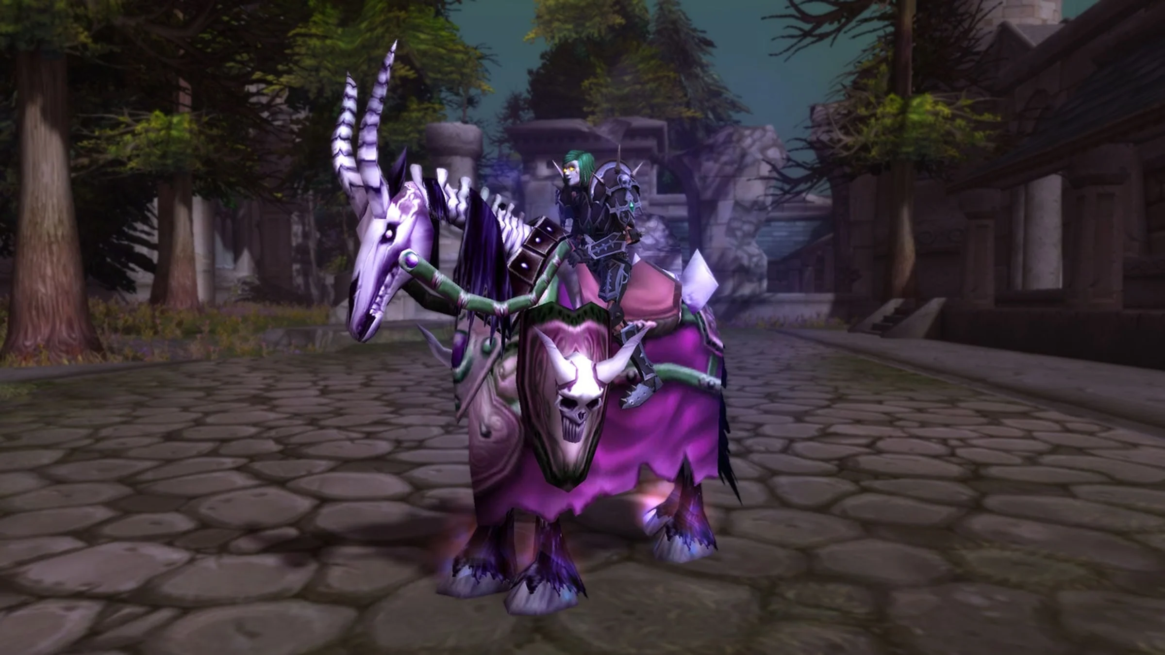 A Forsaken rider travels through a dark Tirisfal settlement on a skeletal horse